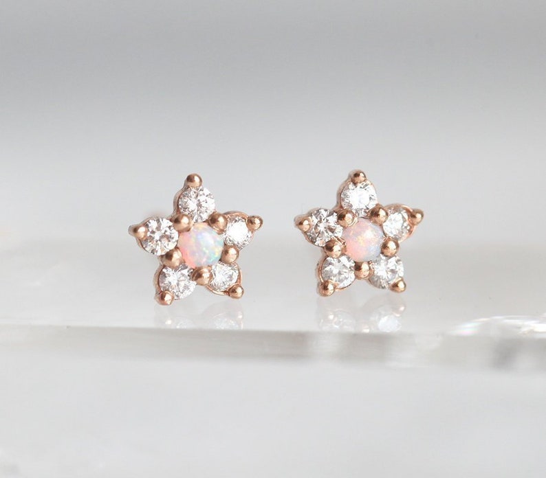 Tiny Flower Stud Earring, Diamond Earrings as Diamond Flower Earrings, Opal Diamond Stud Earrings in 14k Rose Gold image 1