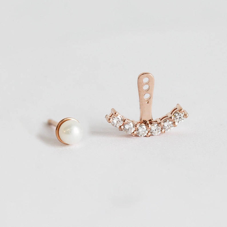 Pearl & Diamond Ear Jacket, Single Stud Earring in 14k Solid Gold, Special Stud Earrings For Women image 1