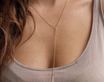 Gold Tropfen Halskette, CZ Diamant Bar Lariat, Rose Gold Y-Halskette, Einfache Zirkonia Halskette