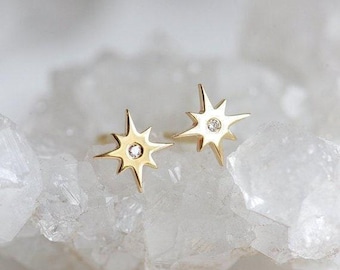 Diamond Starburst Earrings • 14k Solid Gold Studs • Celestial Cartilage Studs • Dainty Gold Earrings • Gift for Her