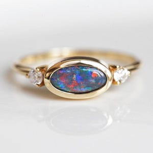 Black Opal Ring, Blue Opal Diamond Ring, 14k Yellow Gold Opal and Diamond Ring, OOAK Ring