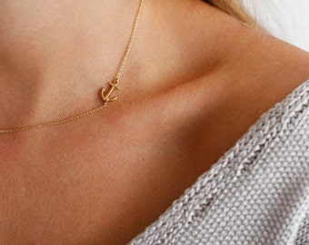 Anchor necklace, Sideways necklace for women, Dainty nautical necklace, Tiny charm necklace