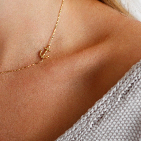 Anchor necklace, Sideways necklace for women, Dainty nautical necklace, Tiny charm necklace