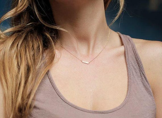 小さなバーネックレス、小さなゴールドバーネックレス、14Kソリッド 