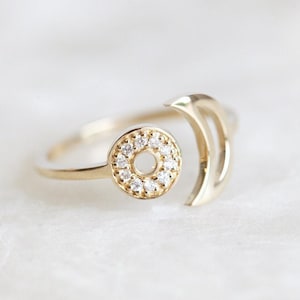 Bague lune, bague soleil, bague lune et soleil, anneau ouvert, bague ouverte en or, bague diamant pour elle, bague croissant, bague bohème en or, trois couches