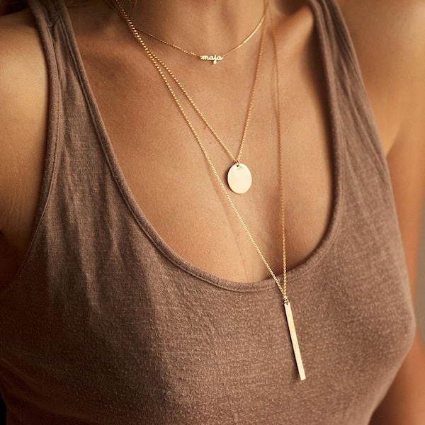 Layered Necklace Set • Gold Name Necklace • Disc & Bar Necklace • Sterling Silver or Gold Filled • Personalized Jewelry • Christmas Gift