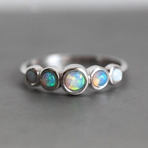 Gold Opal Ring Womens Wedding Band Australain Opal Ring, Five Stone Ring, Rainbow Opal Ring in white rose and yellow gold, 14k, 18k
