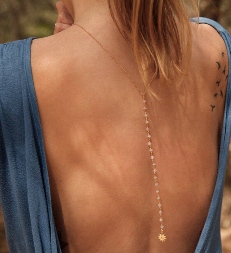 Delicate Jewelry Bridal Rose Gold Necklace Silver Lariat Necklace Dainty Back Necklaces Bridesmaid Gift Moonstone Drop Necklace