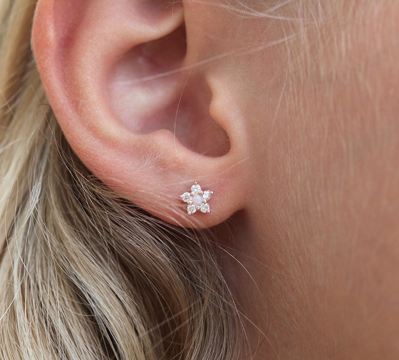 Tiny Flower Stud Earring, Diamond Earrings as Diamond Flower Earrings, Opal Diamond Stud Earrings in 14k Rose Gold image 6