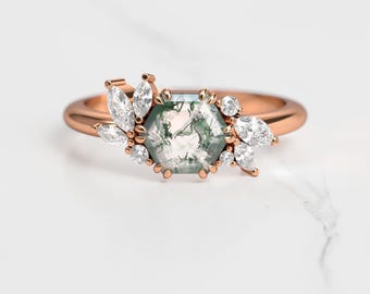 Moss agate engagement ring, Unique cluster ring, Diamond cluster ring, Moss agate diamond ring, Promise ring