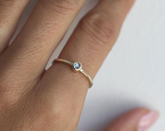 Moonstone engagement ring, Blue gemstone ring, Small solid gold solitaire, Dainty & petite ring