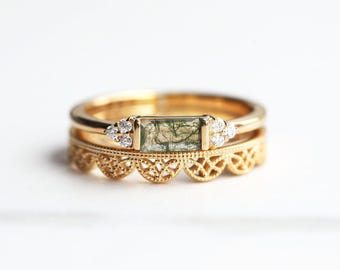 Green Moss Agate Engagement Ring • Lace Band Stack • Solid Gold or Vermeil • Minimalist Bridal Jewelry • Promise Ring
