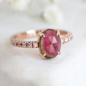 Watermelon Tourmaline Ring, Tourmaline Diamond Ring Ready To Ship