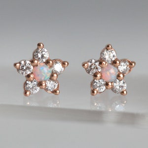 Tiny Flower Stud Earring, Diamond Earrings as Diamond Flower Earrings, Opal Diamond Stud Earrings in 14k Rose Gold image 4