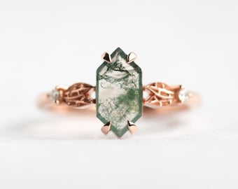 Elongated hexagon moss leaf engagement ring, Unique leaf diamond engagement ring