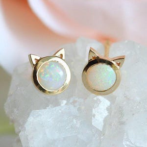 Gold Opal Earrings, Cat Earring Studs Kitten Earrings, Dainty Little earrings for Girls, Gift for her, Gold Cat Earrings, Cute Earrings