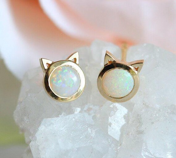 Gold Opal Earrings, Cat Earring Studs Kitten Earrings, Dainty