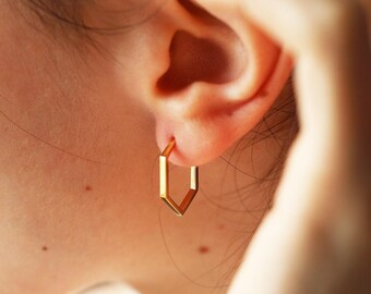 Gold hexagon huggie earrings, hexagon hoop earrings simple gold minimalist earrings