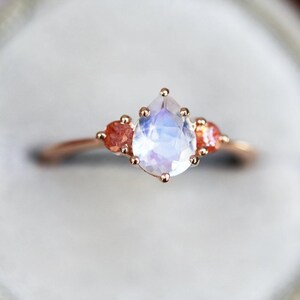 Moonstone engagement ring, Sunstone ring, Pear cut stone ring, Three stone ring, Blue & orange ring image 5