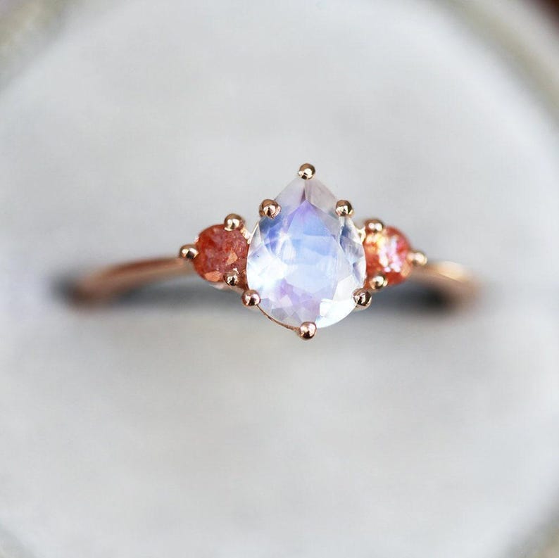 Moonstone engagement ring, Sunstone ring, Pear cut stone ring, Three stone ring, Blue & orange ring image 5