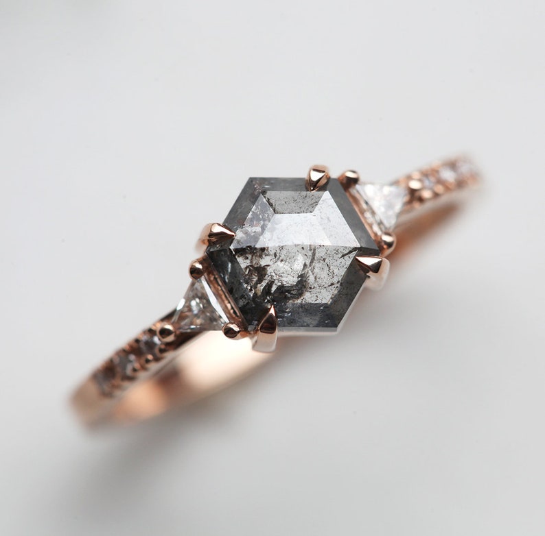 Salt & pepper diamond ring, Galaxy diamond engagement ring, Hexagon rose gold ring, Gray diamond ring image 4