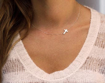 Sideways cross necklace, White gold cross necklace for women, Rose gold cross necklace, Dainty cross necklace