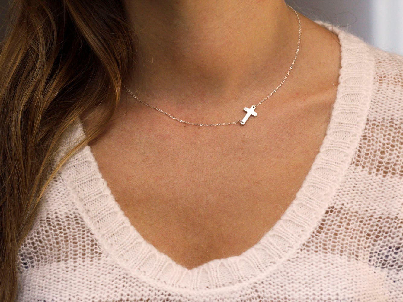 Sideways Cross Necklace White Gold 