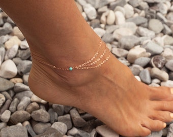 Gold anklet, Turquoise anklet, Rose gold anklet, Layered foot bracelet, Sterling silver boho anklet