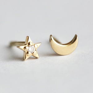 Moon and star stud earrings in 14k Gold, Dainty stud earrings Asymmetrical earrings, Star earrings, moon earrings, gift for her