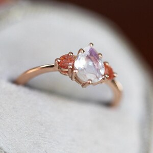 Moonstone engagement ring, Sunstone ring, Pear cut stone ring, Three stone ring, Blue & orange ring image 3