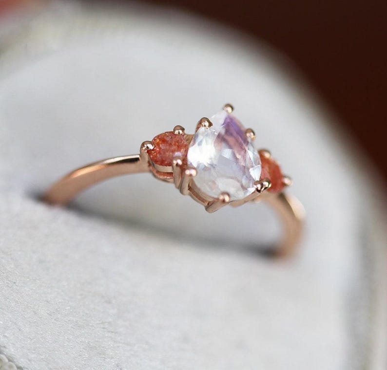 Moonstone engagement ring, Sunstone ring, Pear cut stone ring, Three stone ring, Blue & orange ring image 3