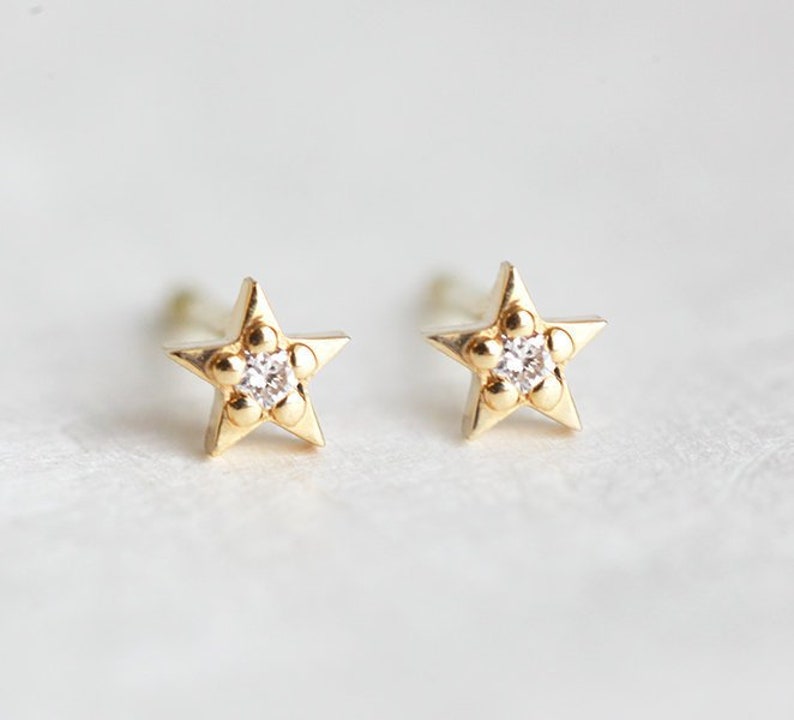 Moon and star stud earrings in 14k Gold, Dainty stud earrings Asymmetrical earrings, Star earrings, moon earrings, gift for her image 6