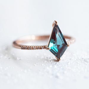 Kite alexandrite & diamond engagement ring, Blue purple geometric ring, Color change gemstone ring