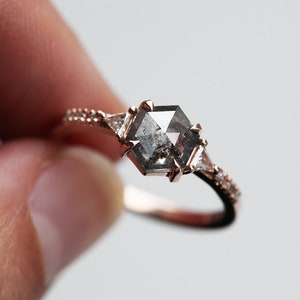 Salt & pepper diamond ring, Galaxy diamond engagement ring, Hexagon rose gold ring, Gray diamond ring image 6