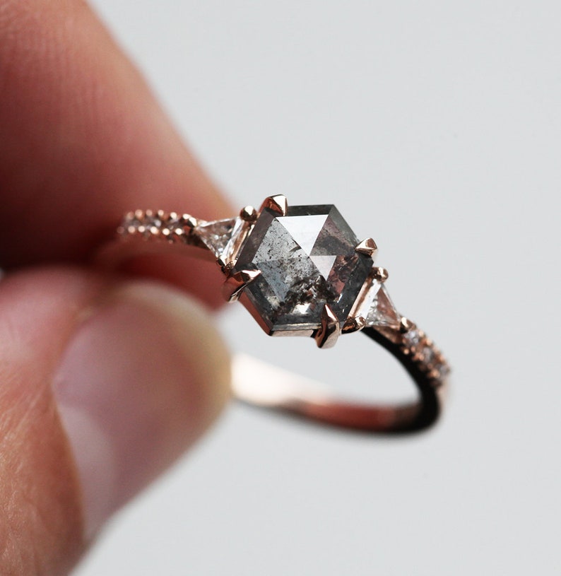 Salt & pepper diamond ring, Galaxy diamond engagement ring, Hexagon rose gold ring, Gray diamond ring image 6