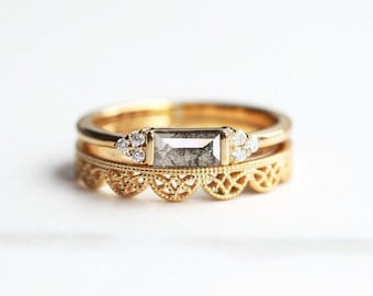 Salt & Pepper Diamond Ring Set • Art Deco Bridal Set • Baguette Galaxy Diamond • Lace Wedding Band • Gold or Platinum
