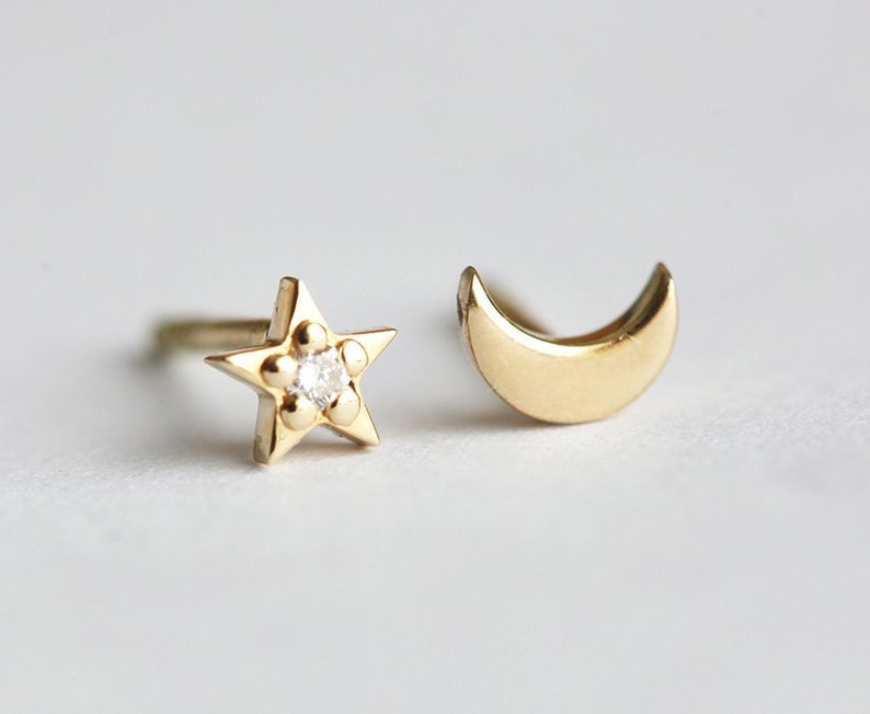 Moon and star stud earrings in 14k Gold, Dainty stud earrings Asymmetrical earrings, Star earrings, moon earrings, gift for her image 1
