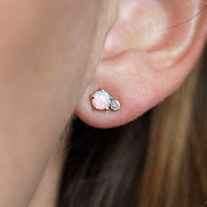 Diamond Opal Earrings, Cluster Earrings 14k Gold, Everyday Rose Gold Stud Earrings, Earlobe diamond Posts