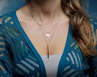 Cross Necklace • Vertical Bar • Heart Disc • Personalized Layering Set • Silver & Gold Filled • Minimalist Necklaces • Christmas Gift