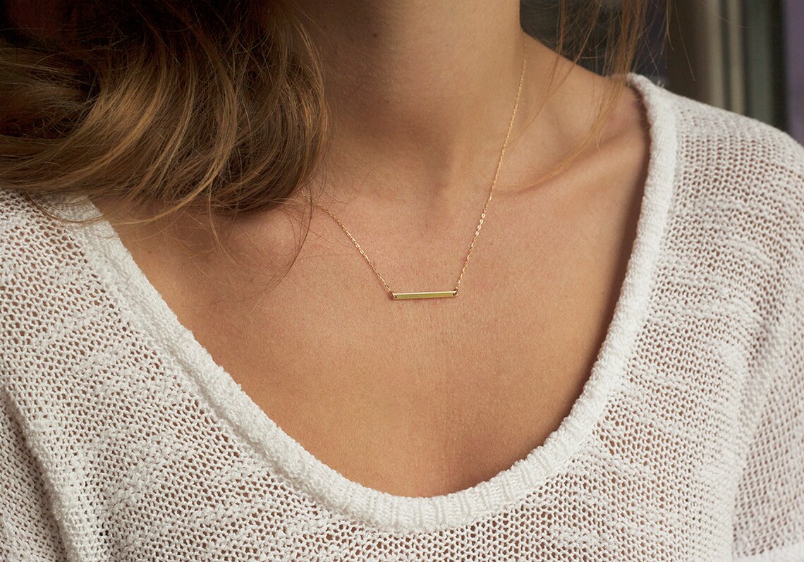 Bar Necklace Solid Gold Necklace Thin Bar Necklace 14k Gold Etsy