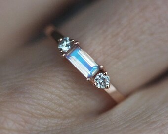 Baguette moonstone ring, three stone ring with side diamonds, Moonstone diamond ring, Simple moonstone ring