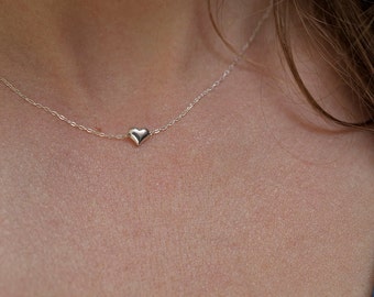 Tiny heart necklace, Dainty puffy heart necklace, Small white gold heart necklace, Silver heart necklace