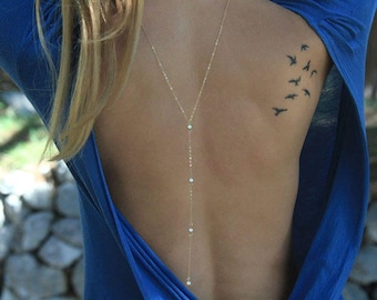 Hochzeit zurück Halskette, Cz Diamant Lariat, Roségold y Halskette, Cubic Zirconia Backpiece, Massivgold Lariat