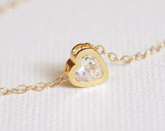 Heart shaped necklace, Heart solitaire necklace, CZ diamond heart necklace, Bezel heart charm necklace