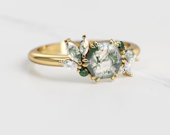 Hexagon Moss Agate Ring • Diamond or Moissanite Accents • Solid Gold • Bridal Jewelry • Christmas Gift