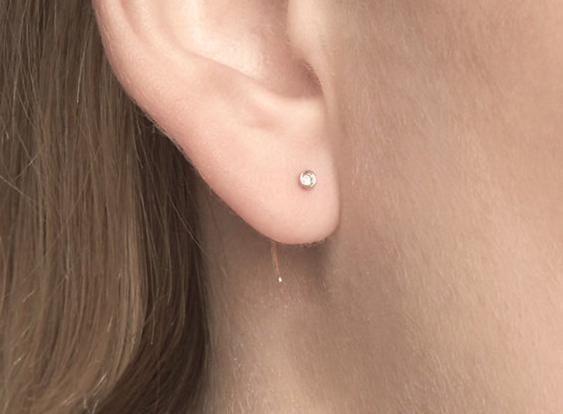 Huggie earrings, Mini hoop earrings, Tiny second hole studs, Diamond earrings, Curved bar pins image 1