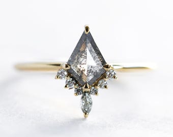 Salt and pepper kite diamond ring, Tiara diamond ring with salt pepper kite shaped diamond