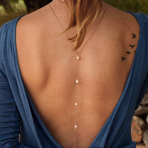 Pearl back necklace, Wedding drop lariat necklace, Rose gold back piece, Silver bridal Y necklace