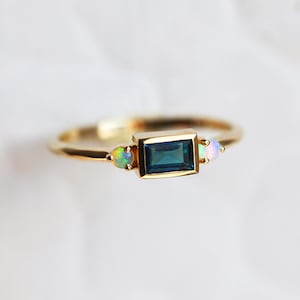 Baguette Teal Sapphire ring, Green Blue Sapphire Ring, Teal Engagement ring, Three stone fiançailles ring with side australian opals image 2