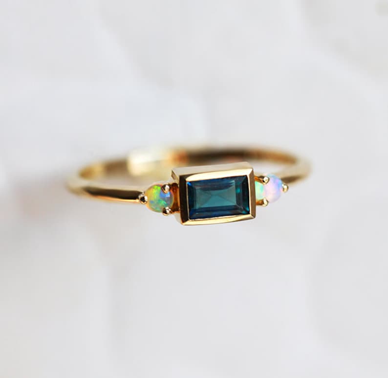 Baguette Teal Sapphire ring, Green Blue Sapphire Ring, Teal Engagement ring, Three stone engagement ring with side australian opals image 2